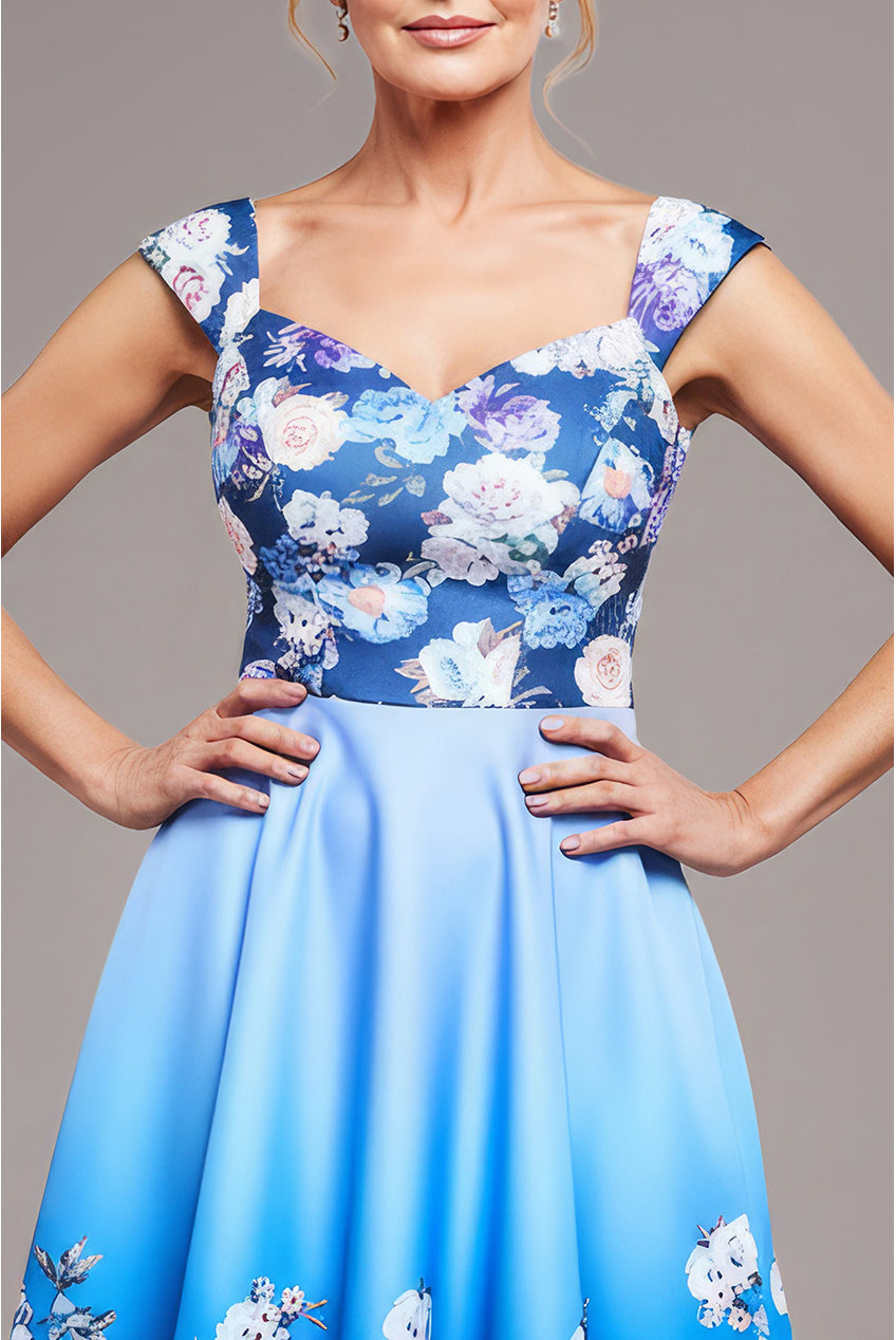 Goddiva Floral Printed Scuba Foam Skater Dress - Blue
