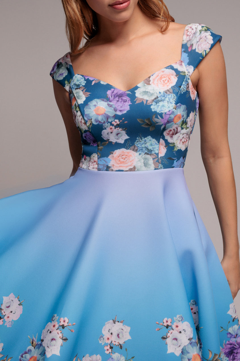 Goddiva Floral Printed Scuba Foam Skater Dress - Blue