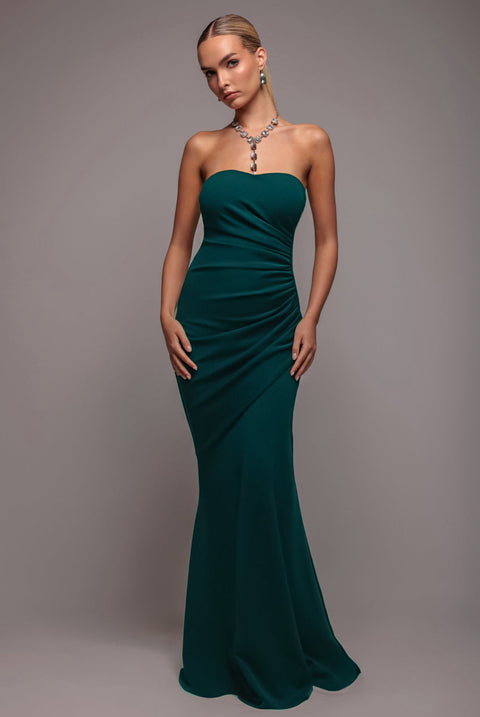 Goddiva Scuba Crepe Bandeau Maxi With Diamante Necklace - Emerald Green
