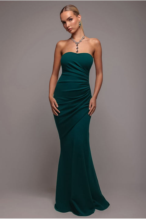 Goddiva Scuba Crepe Bandeau Maxi With Diamante Necklace - Emerald Green
