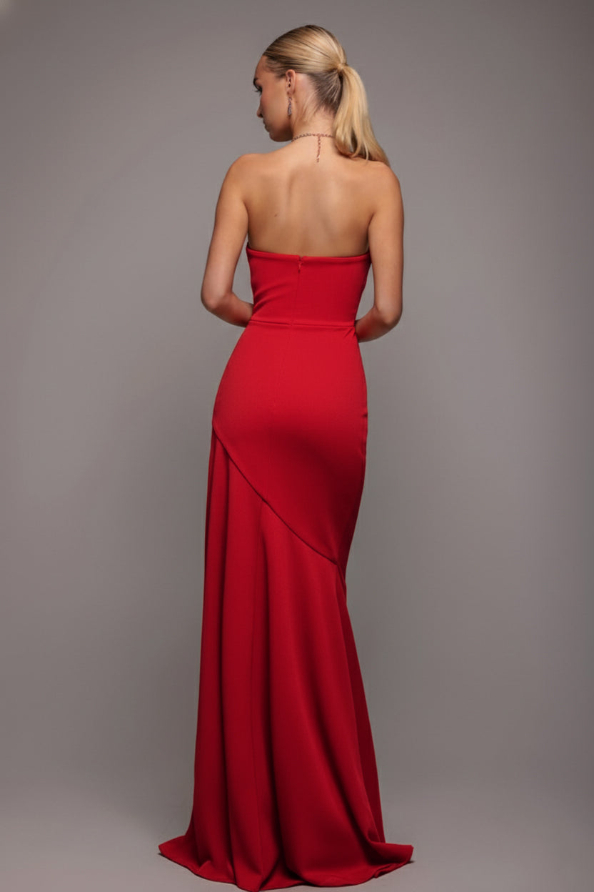 Goddiva Scuba Crepe Bandeau Maxi With Diamante Necklace - Red