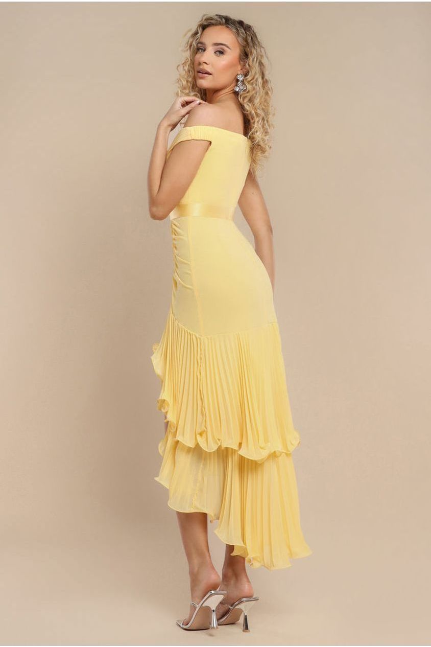 Goddiva Pleated Bardot High Low Tier Chiffon Midaxi Dress - Lemon