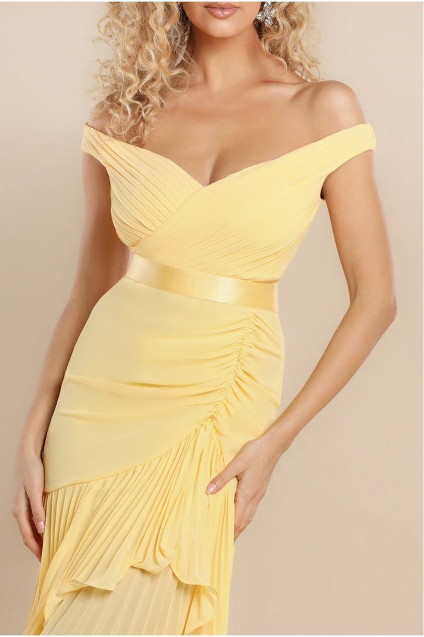 Goddiva Pleated Bardot High Low Tier Chiffon Midaxi Dress - Lemon