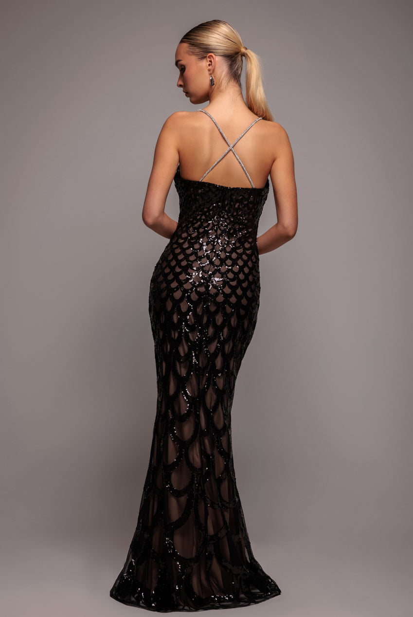 Goddiva Diamante Strap Fish Scale Sequin Maxi Dress - Black
