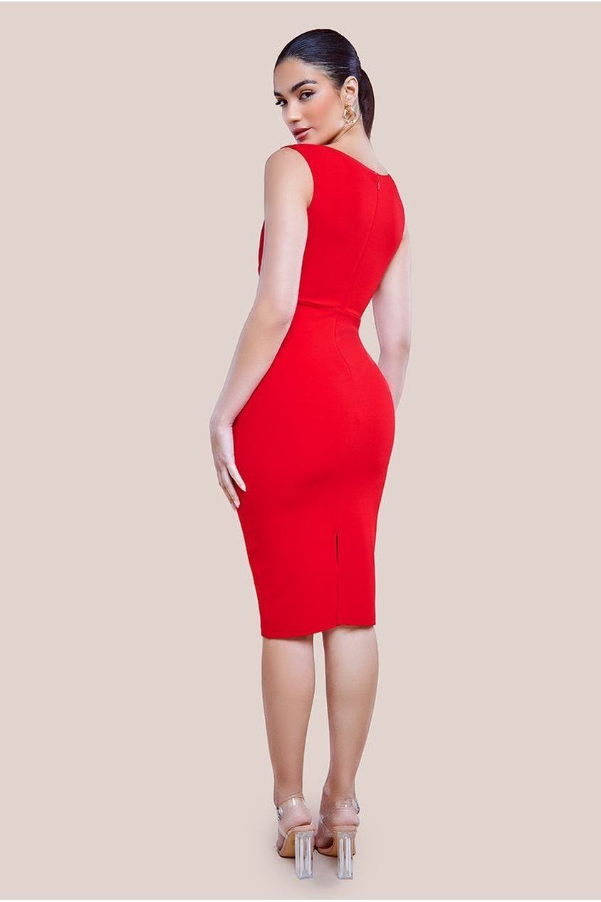 Goddiva Scuba Crepe Asymmetric Neck Midi Dress - Red