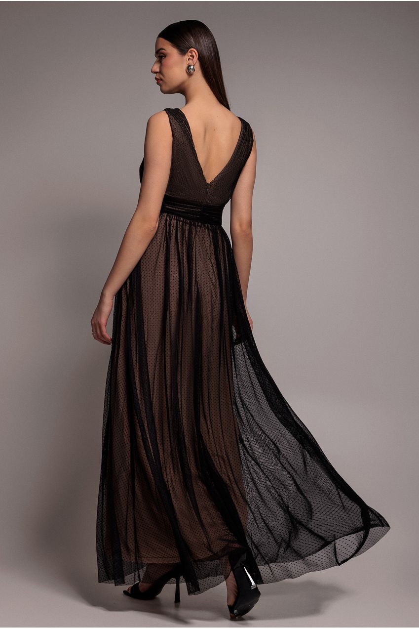 Goddiva Sleeveless Pleated Dobby Mesh Corsage Maxi Dress - Black