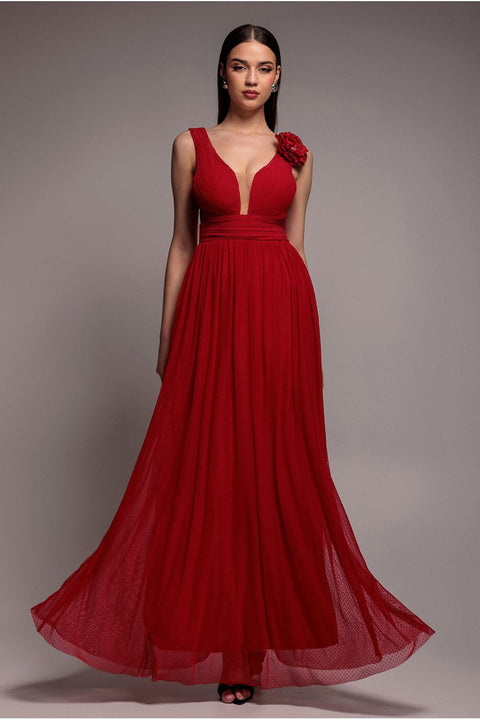 Goddiva Sleeveless Pleated Dobby Mesh Corsage Maxi Dress - Red