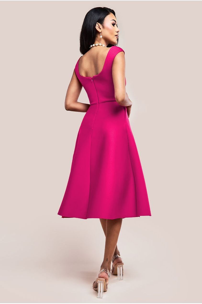 Goddiva Asymmetric Flared Hem Midi Dress - Magenta