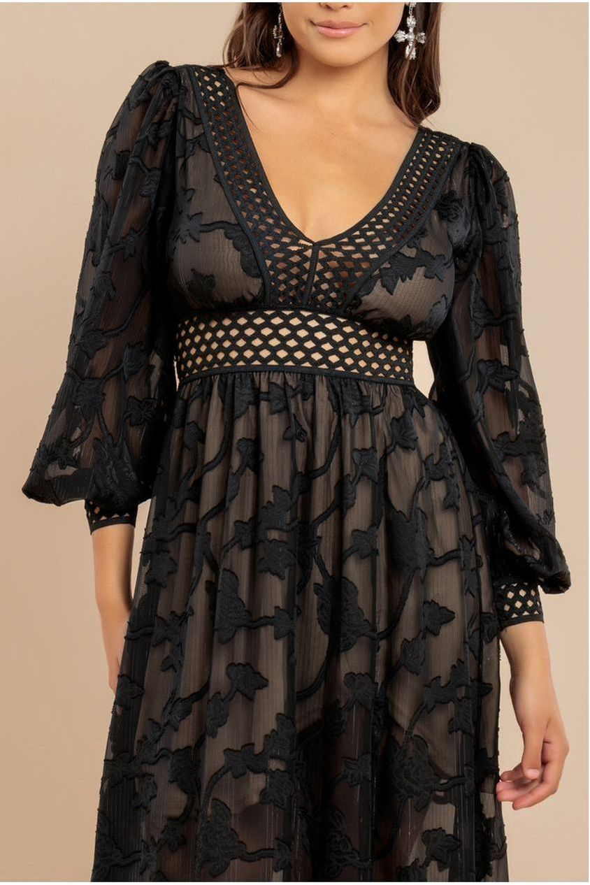 Goddiva Jacquard Lurex Burnout Front Split Maxi Dress - Black