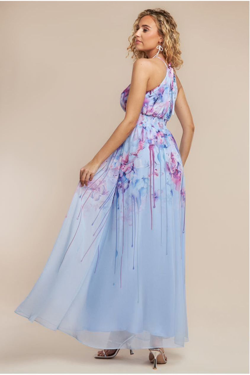 Goddiva Floral Printed Chiffon Halter Maxi Dress - Blue