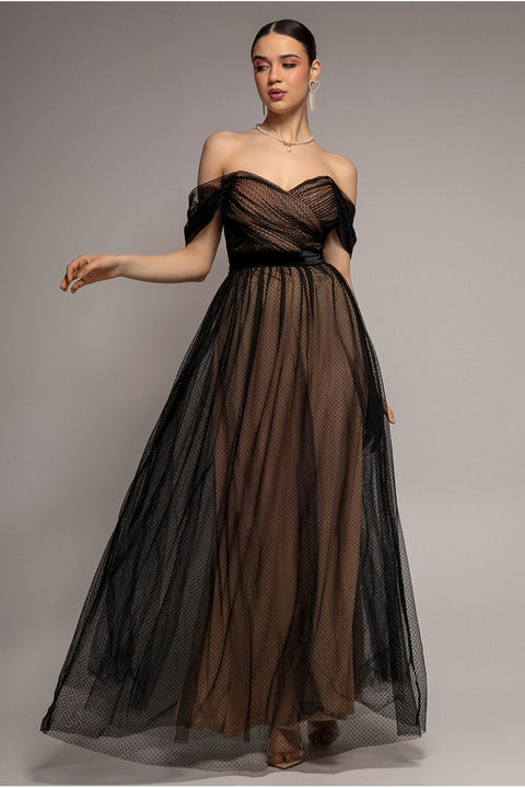 Goddiva Dobby Mesh Off The Shoulder Princess Maxi Dress - Black