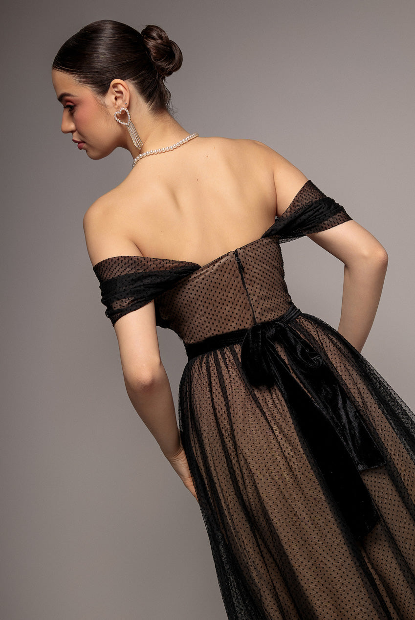 Goddiva Dobby Mesh Off The Shoulder Princess Maxi Dress - Black