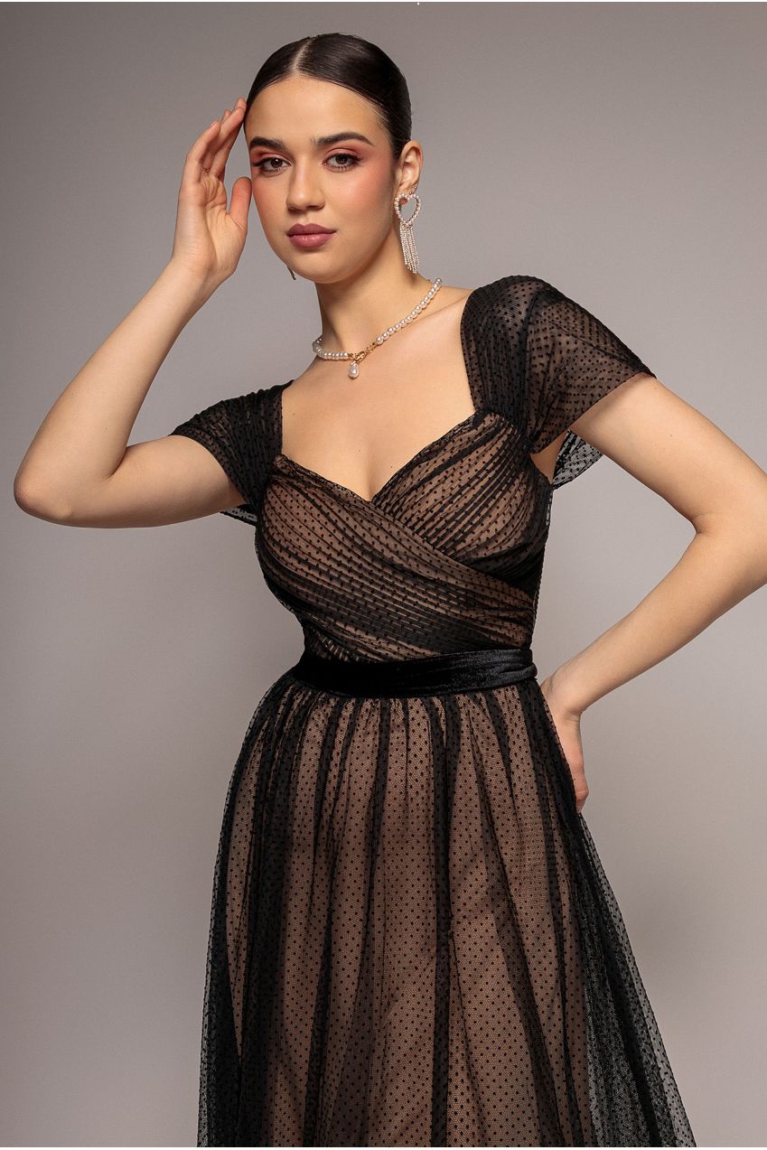 Goddiva Dobby Mesh Off The Shoulder Princess Maxi Dress - Black