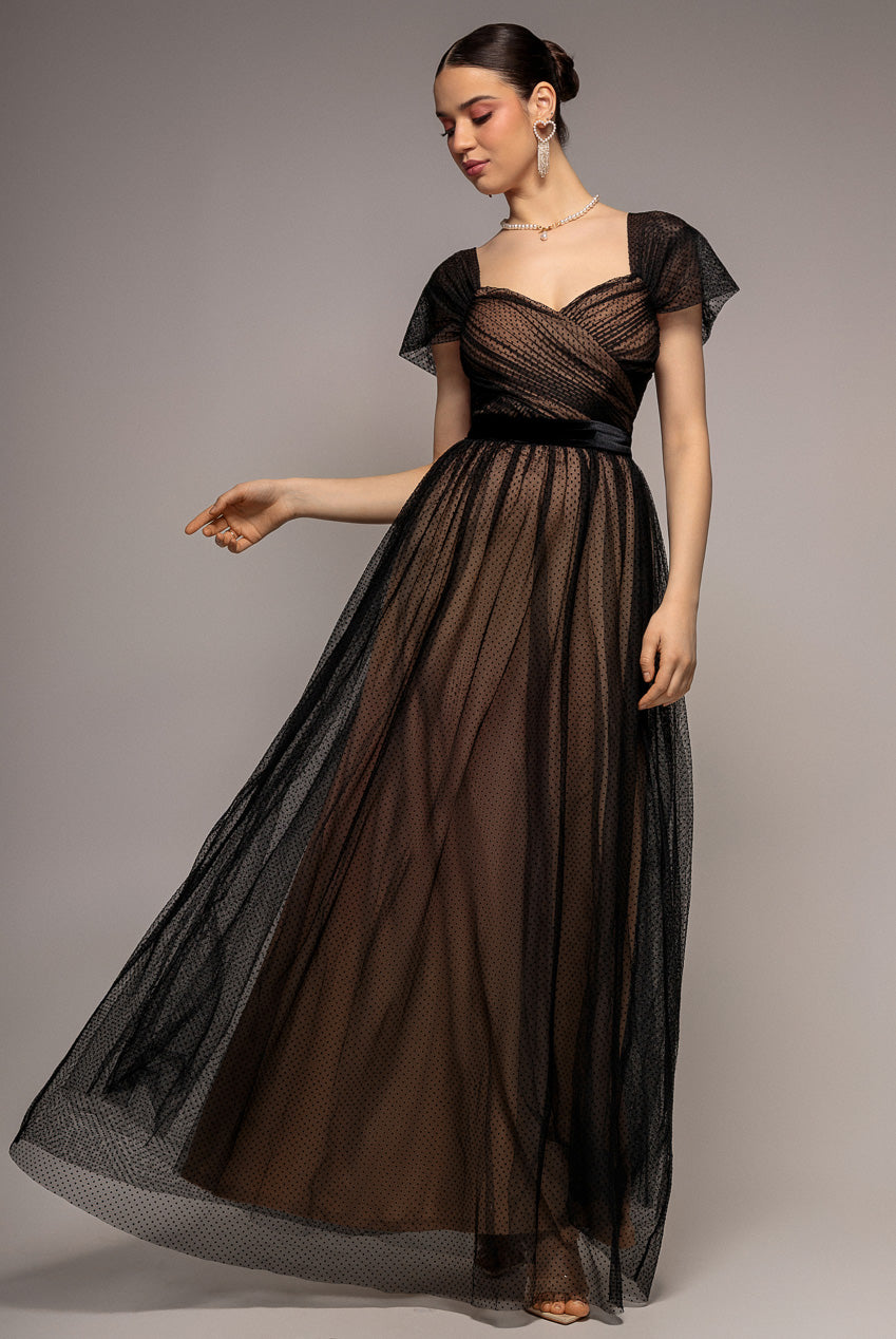 Goddiva Dobby Mesh Off The Shoulder Princess Maxi Dress - Black