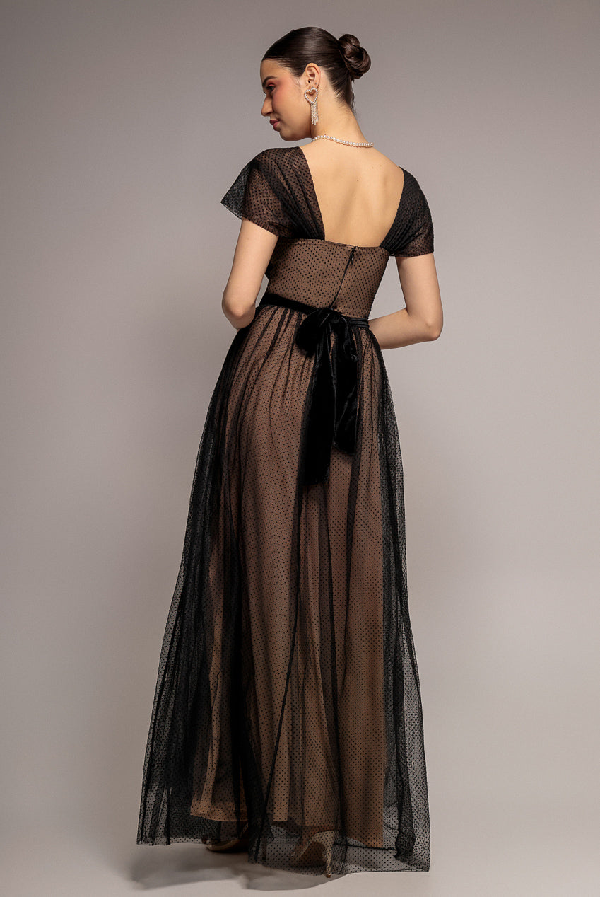Goddiva Dobby Mesh Off The Shoulder Princess Maxi Dress - Black