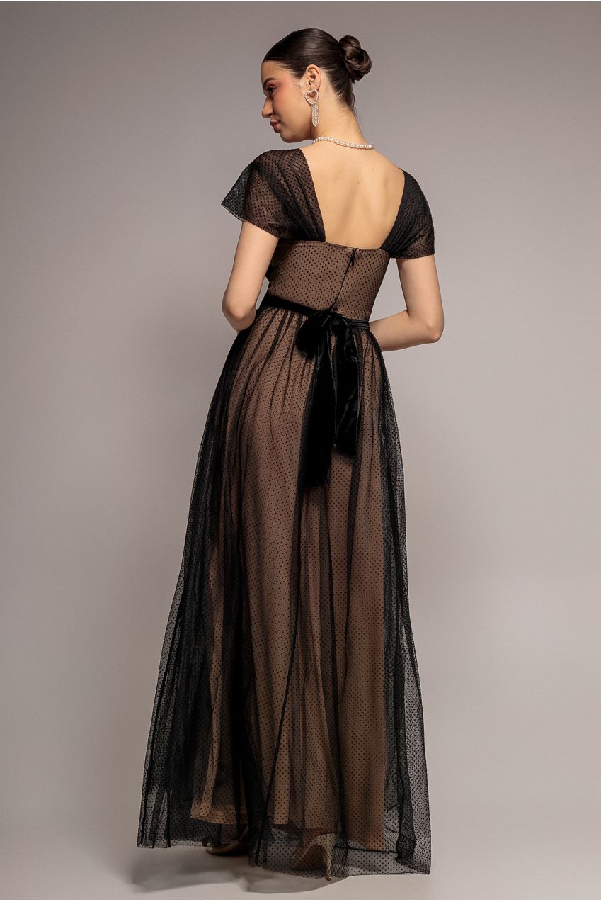 Goddiva Dobby Mesh Off The Shoulder Princess Maxi Dress - Black