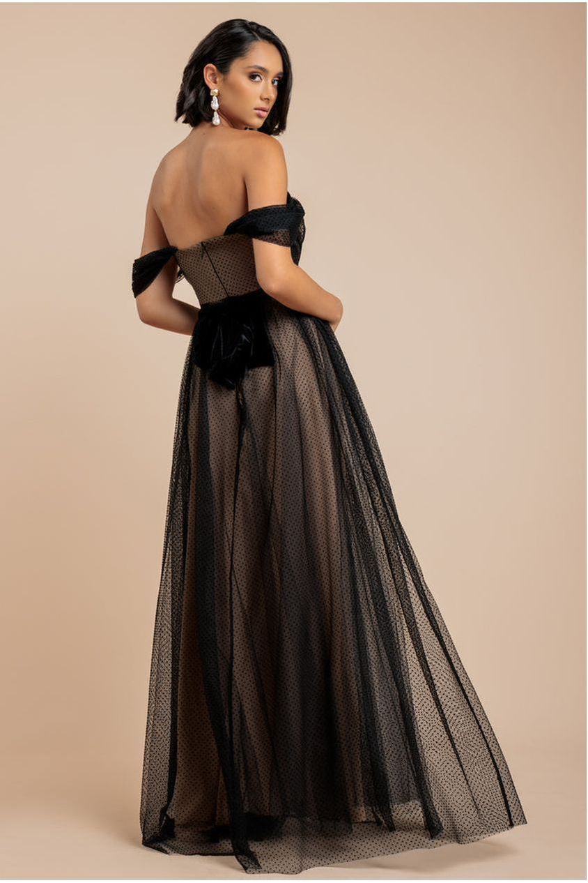 Goddiva Dobby Mesh Off The Shoulder Princess Maxi Dress - Black
