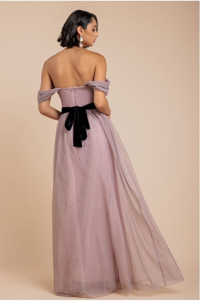 Goddiva Dobby Mesh Off The Shoulder Princess Maxi Dress - Blush