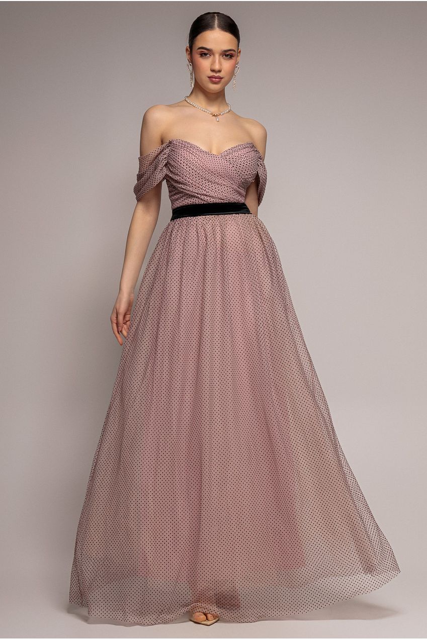 Goddiva Dobby Mesh Off The Shoulder Princess Maxi Dress - Blush