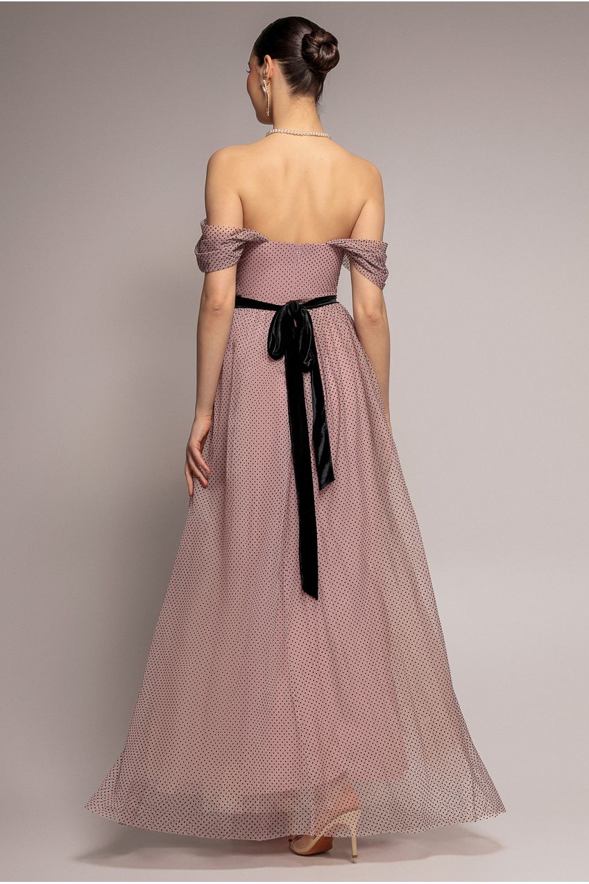 Goddiva Dobby Mesh Off The Shoulder Princess Maxi Dress - Blush