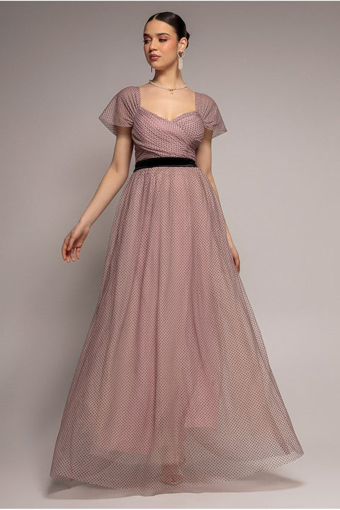 Goddiva Dobby Mesh Off The Shoulder Princess Maxi Dress - Blush