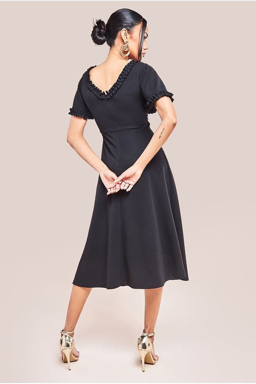 Goddiva Flare Sleeve Frill Edge Midi Dress - Black