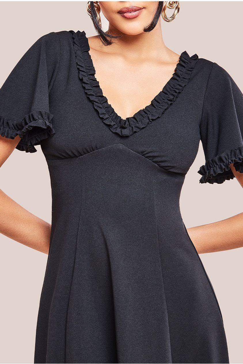 Goddiva Flare Sleeve Frill Edge Midi Dress - Black