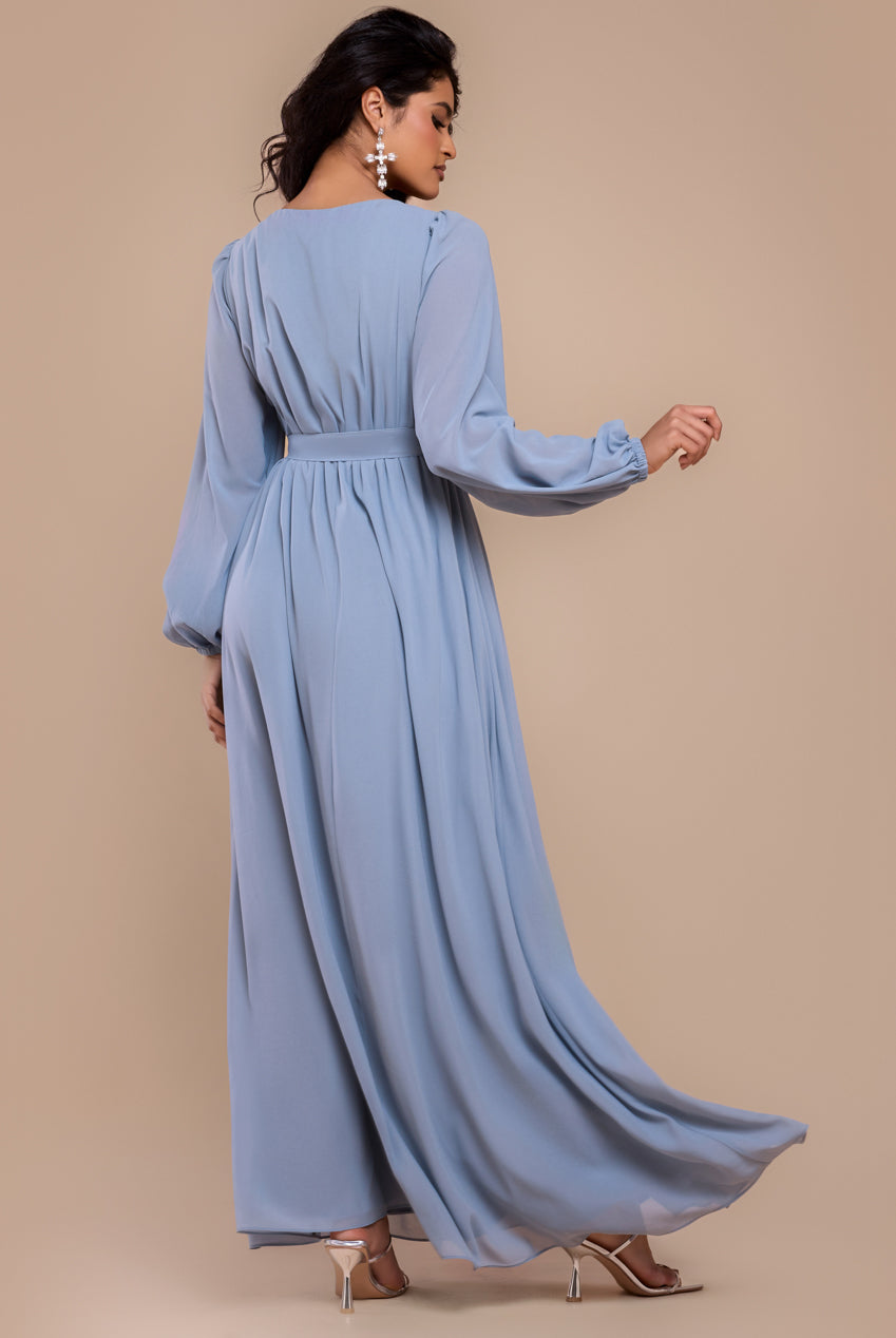 Goddiva Sustainable Front Split Wrap Style Chiffon Maxi Dress - Airforce Blue