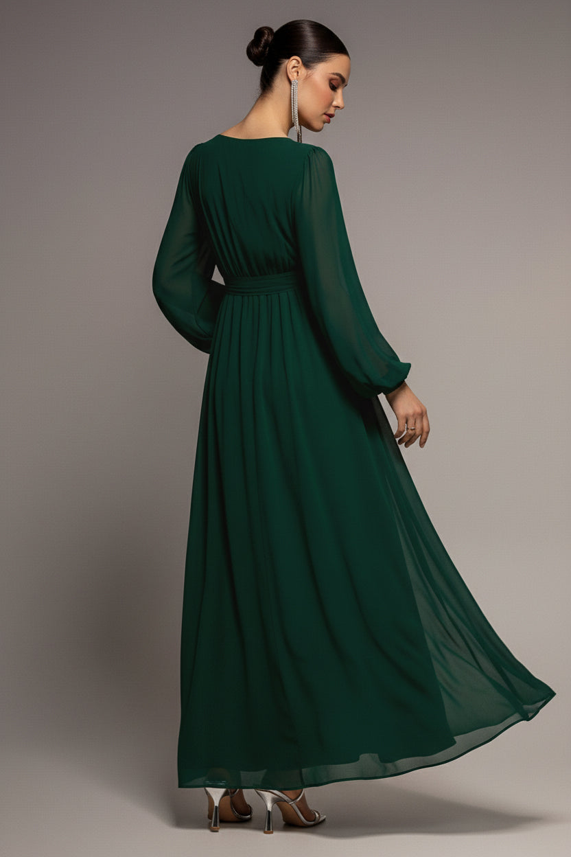 Goddiva Sustainable Front Split Wrap Style Chiffon Maxi Dress - Dark Green