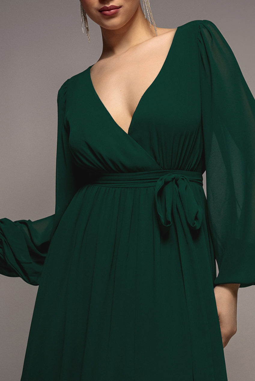 Goddiva Sustainable Front Split Wrap Style Chiffon Maxi Dress - Dark Green