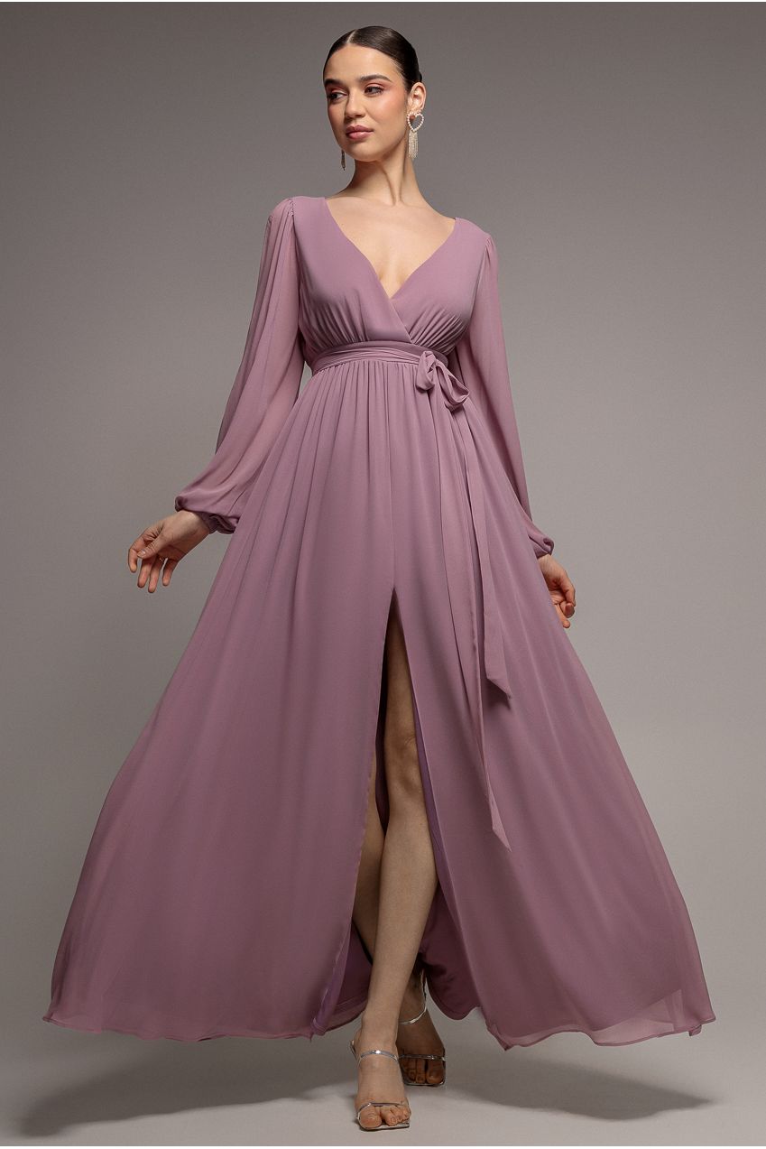 Goddiva Sustainable Front Split Wrap Style Chiffon Maxi Dress - Dusty Lavender
