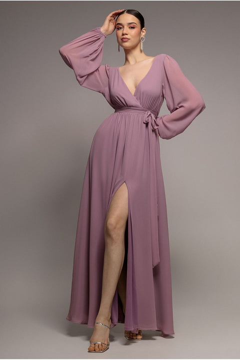 Goddiva Sustainable Front Split Wrap Style Chiffon Maxi Dress - Dusty Lavender