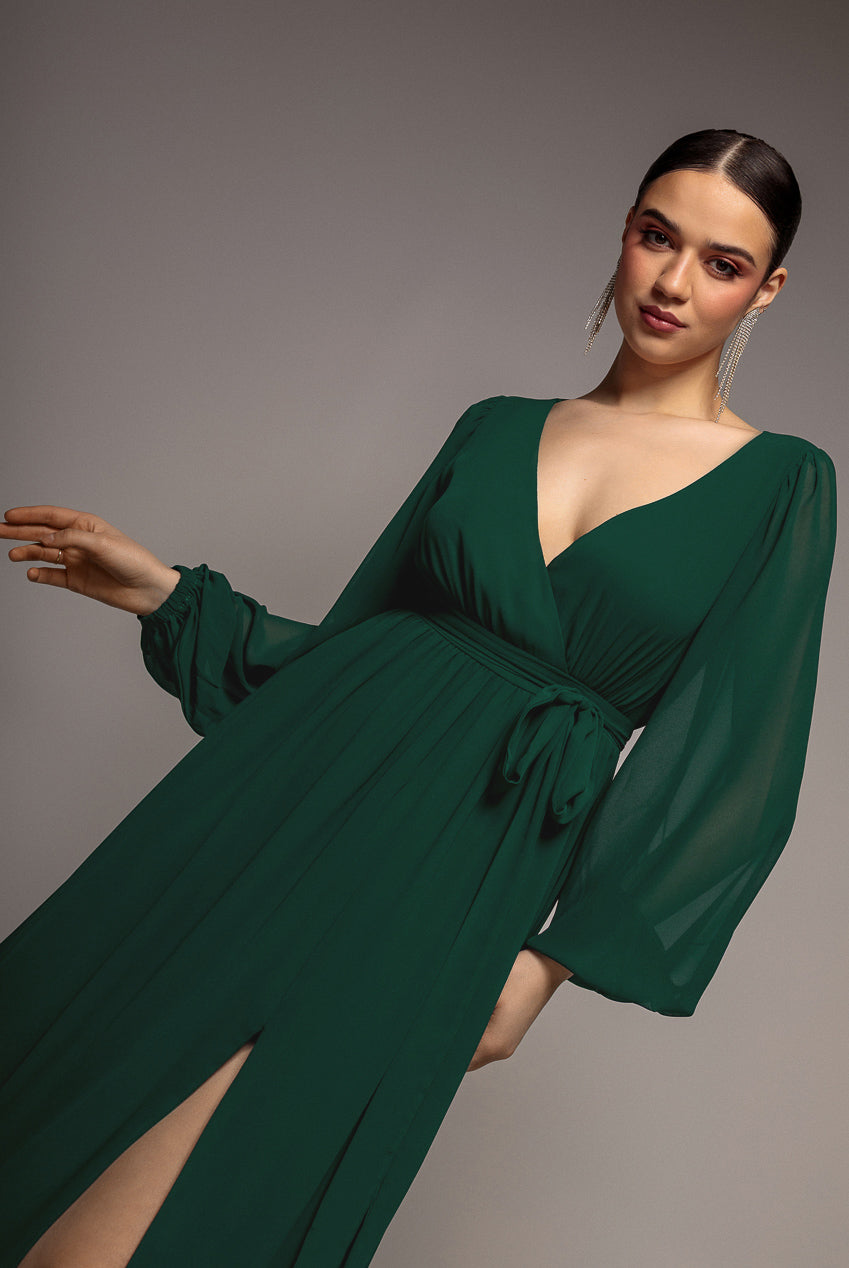 Goddiva Sustainable Front Split Wrap Style Chiffon Maxi Dress - Green