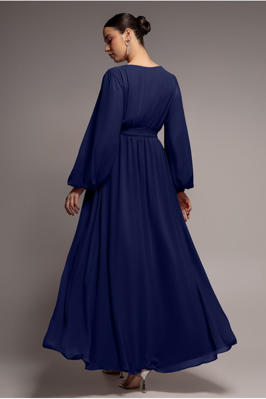 Goddiva Sustainable Front Split Wrap Style Chiffon Maxi Dress - Navy Blue