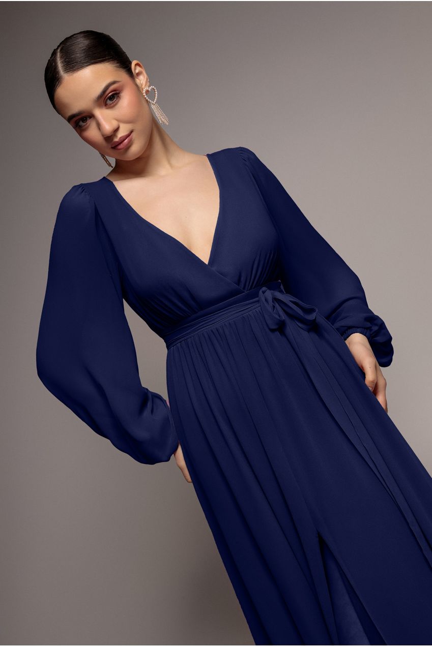 Goddiva Sustainable Front Split Wrap Style Chiffon Maxi Dress - Navy Blue