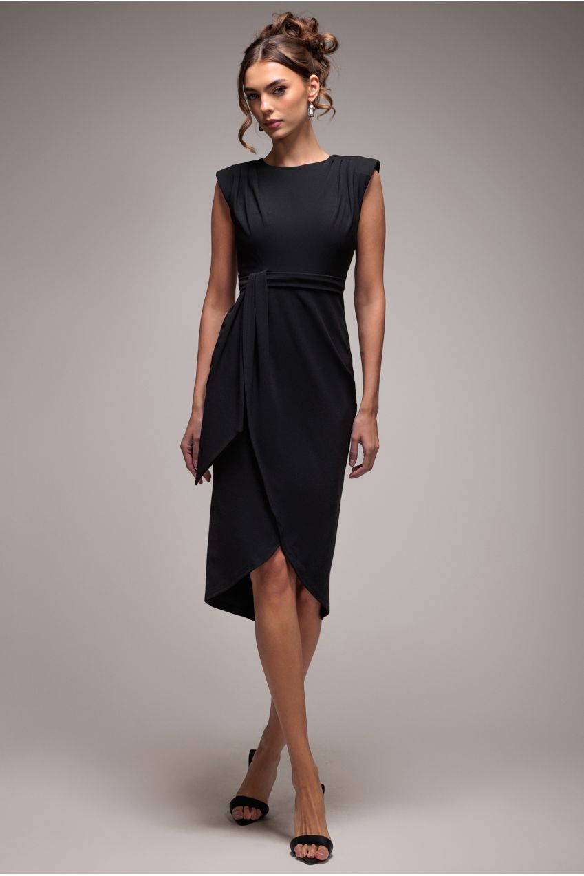 Sleeveless Asymmetric Wrap Midi Dress - Black | Goddiva US Sleeveless Asymmetric Wrap Midi Dress - Black | Goddiva US