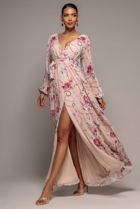 Goddiva Wrap Front Slit Floral Maxi Dress - Latte
