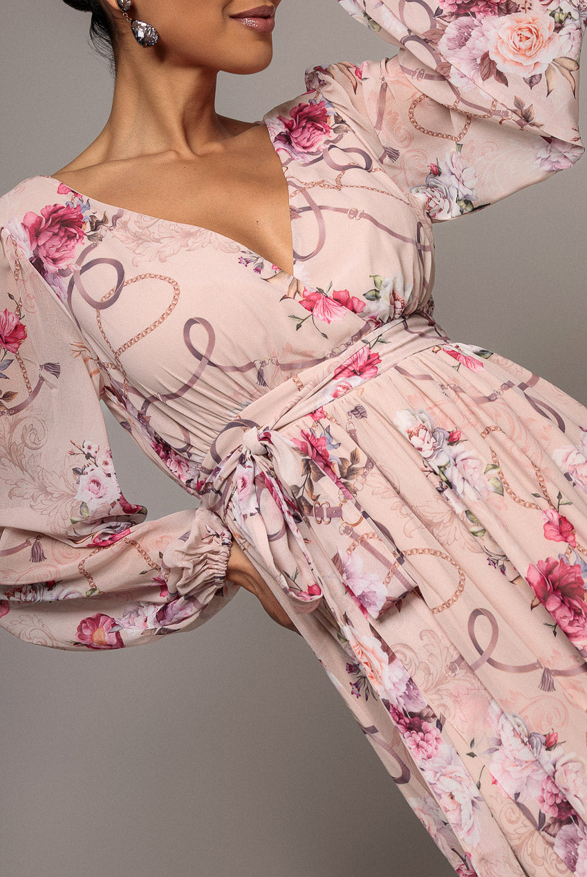 Goddiva Wrap Front Slit Floral Maxi Dress - Latte