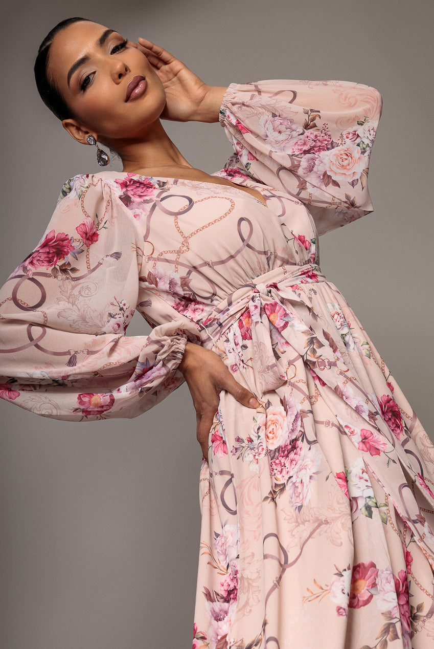 Goddiva Wrap Front Slit Floral Maxi Dress - Latte