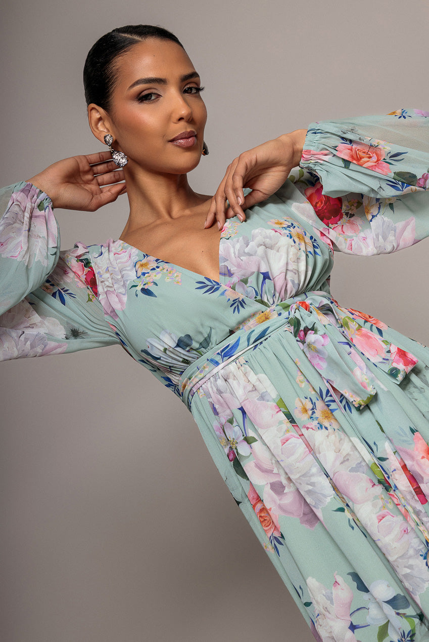 Goddiva Wrap Front Slit Floral Maxi Dress - Sage Green