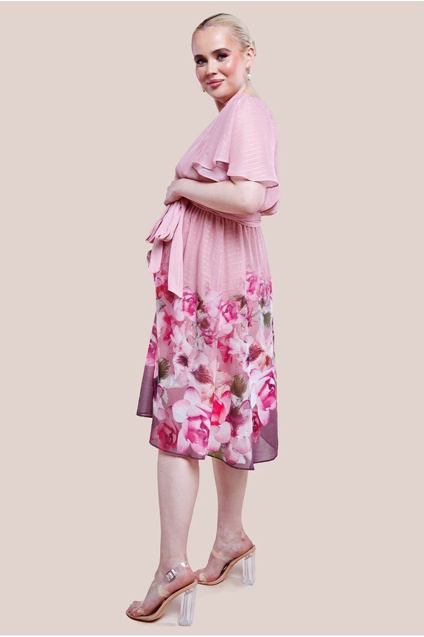 Goddiva Maternity Chiffon Lurex Floral Border Print Midi Dress - Blush