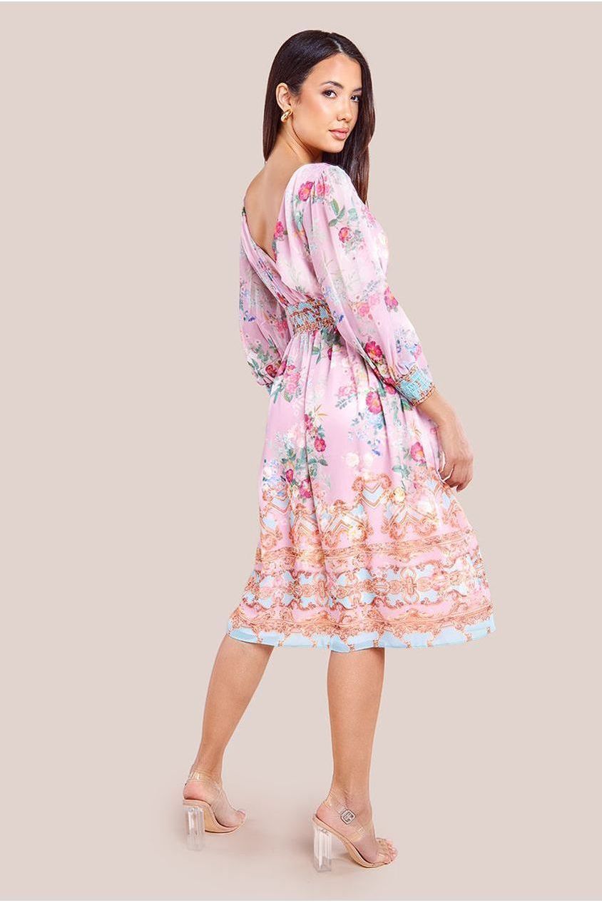 Goddiva Chiffon Wrap Border Floral Print Midi Dress - Pink