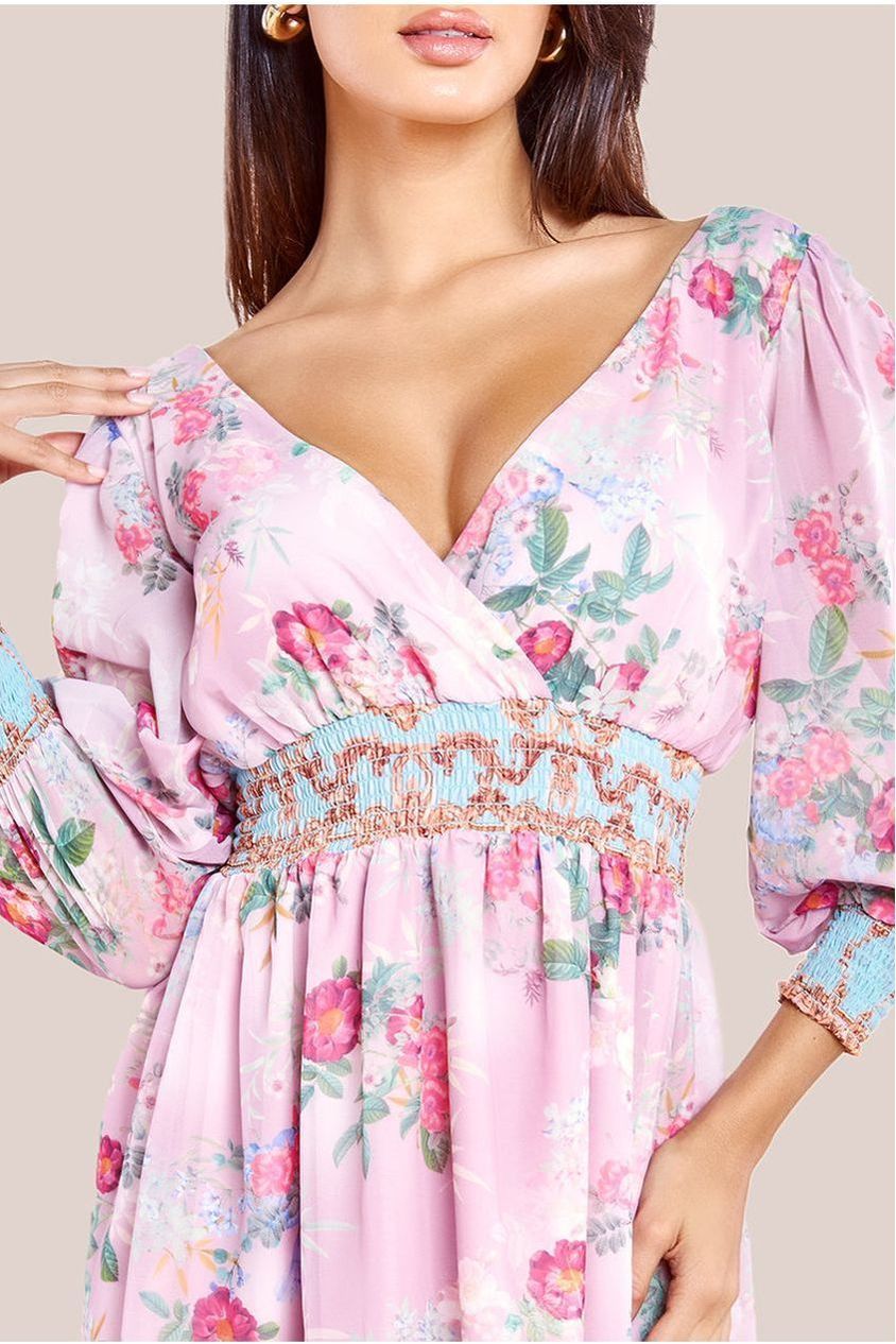 Goddiva Chiffon Wrap Border Floral Print Midi Dress - Pink