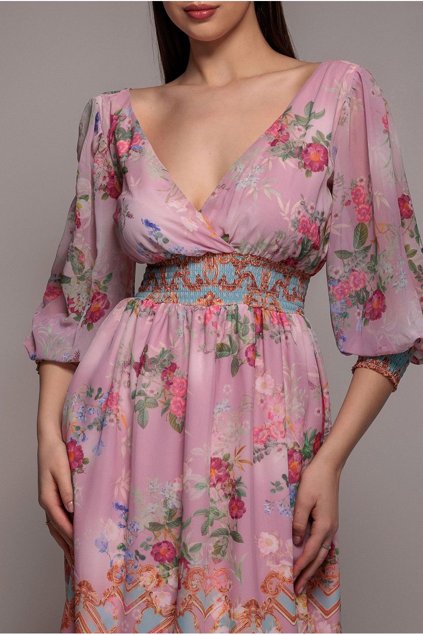 Goddiva Chiffon Wrap Border Floral Print Midi Dress - Pink