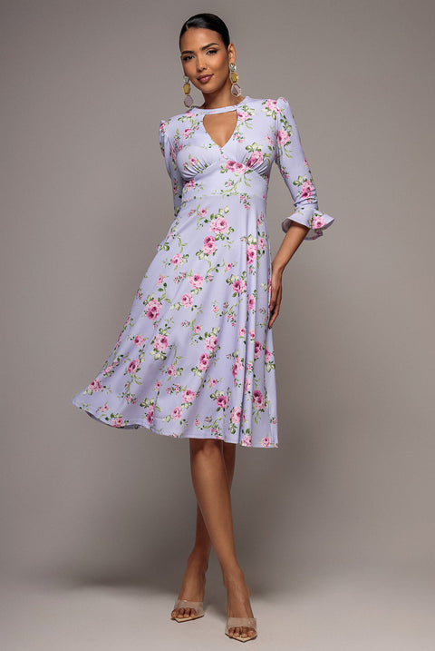 Goddiva Floral Printed Flared Sleeve Midi - Lilac