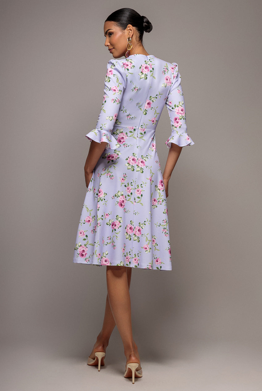 Goddiva Floral Printed Flared Sleeve Midi - Lilac