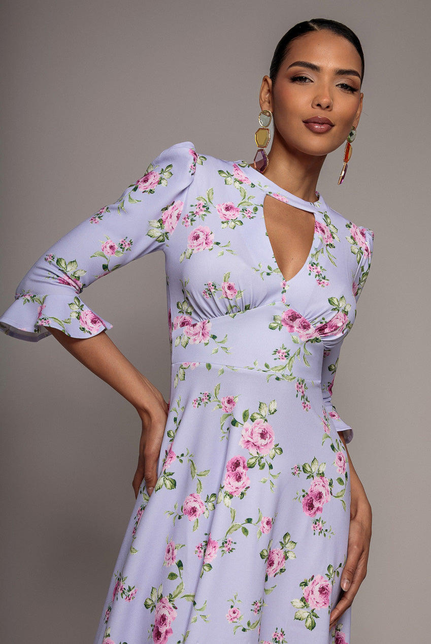 Goddiva Floral Printed Flared Sleeve Midi - Lilac