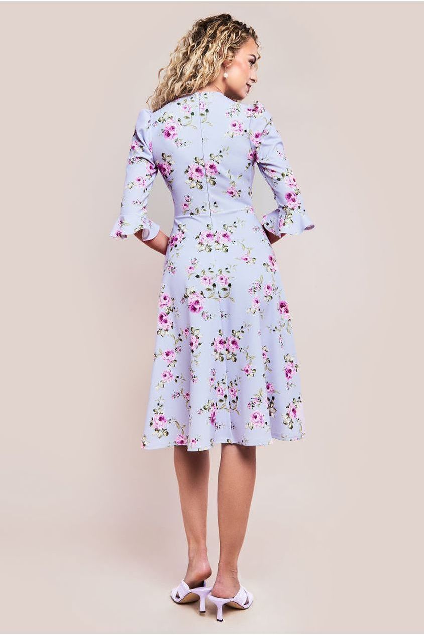 Goddiva Floral Printed Flared Sleeve Midi - Lilac