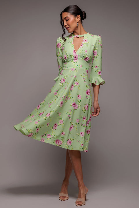 Goddiva Floral Printed Flared Sleeve Midi - Sage Green