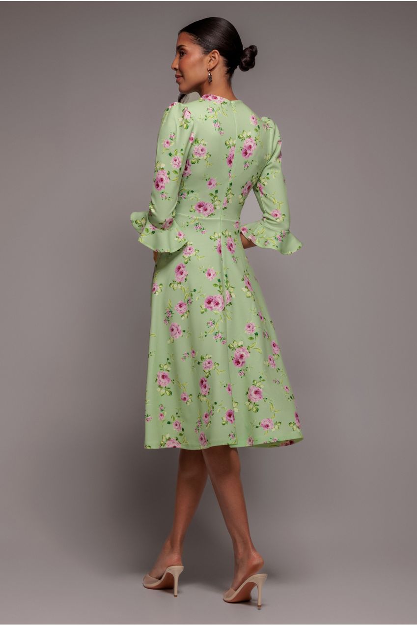 Goddiva Floral Printed Flared Sleeve Midi - Sage Green